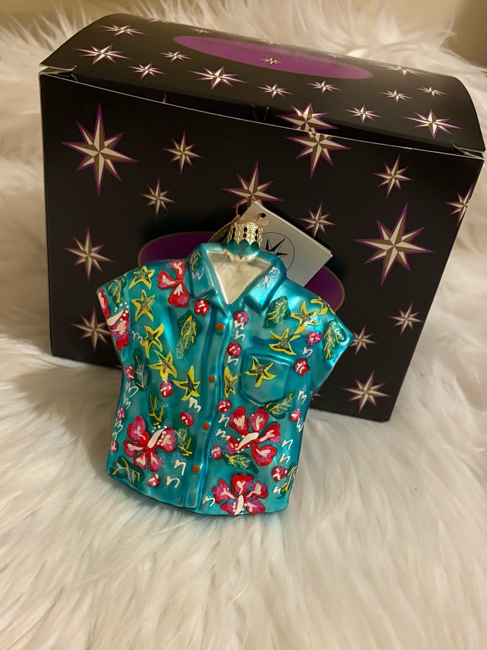 Christopher Radko Turquoise Hawaiian Aloha Shirt Glass Ornament